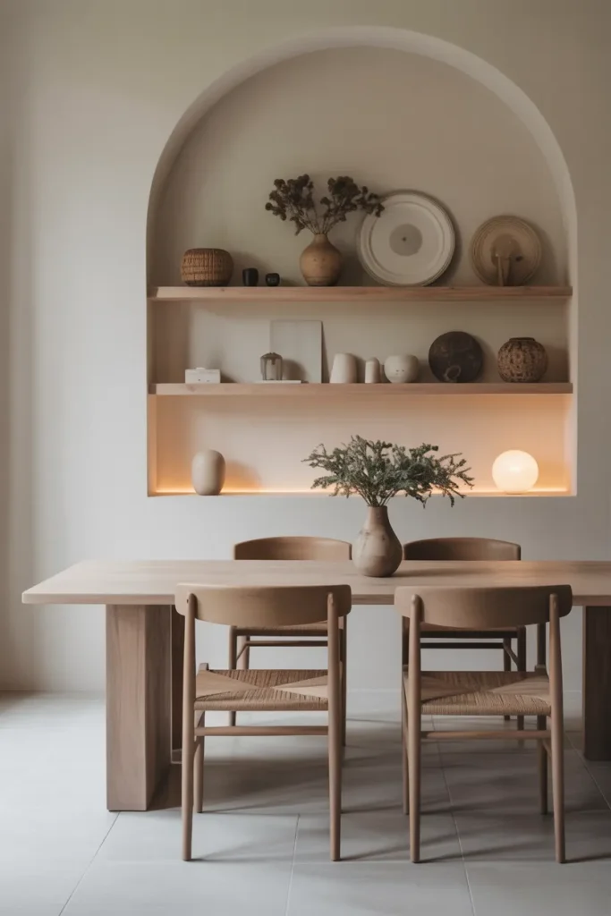 Japandi Dining Room with Floating Shelves