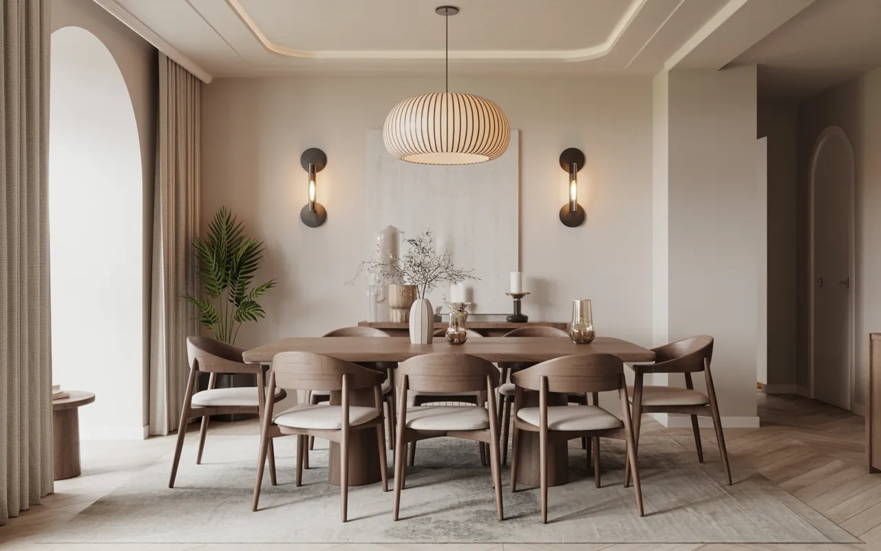 Japandi Dining Room with Layered Lighting.