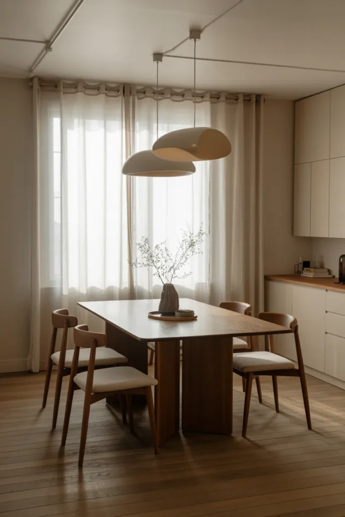 Japandi Dining Room with Low Pendant Lights
