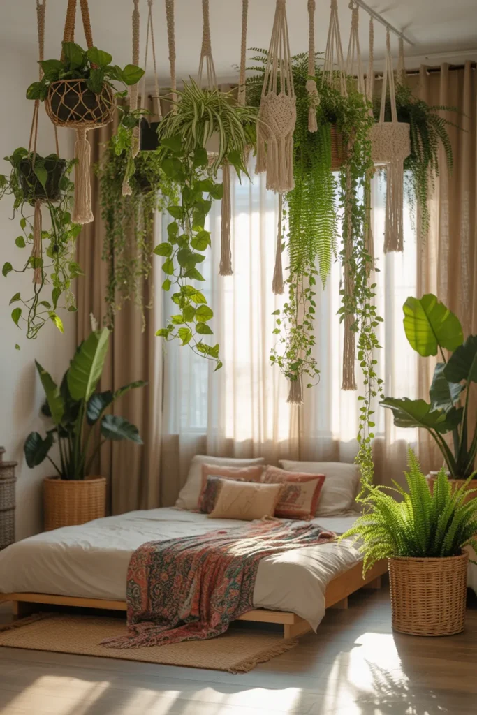 Jungle Boho Bedroom with Hanging Plants