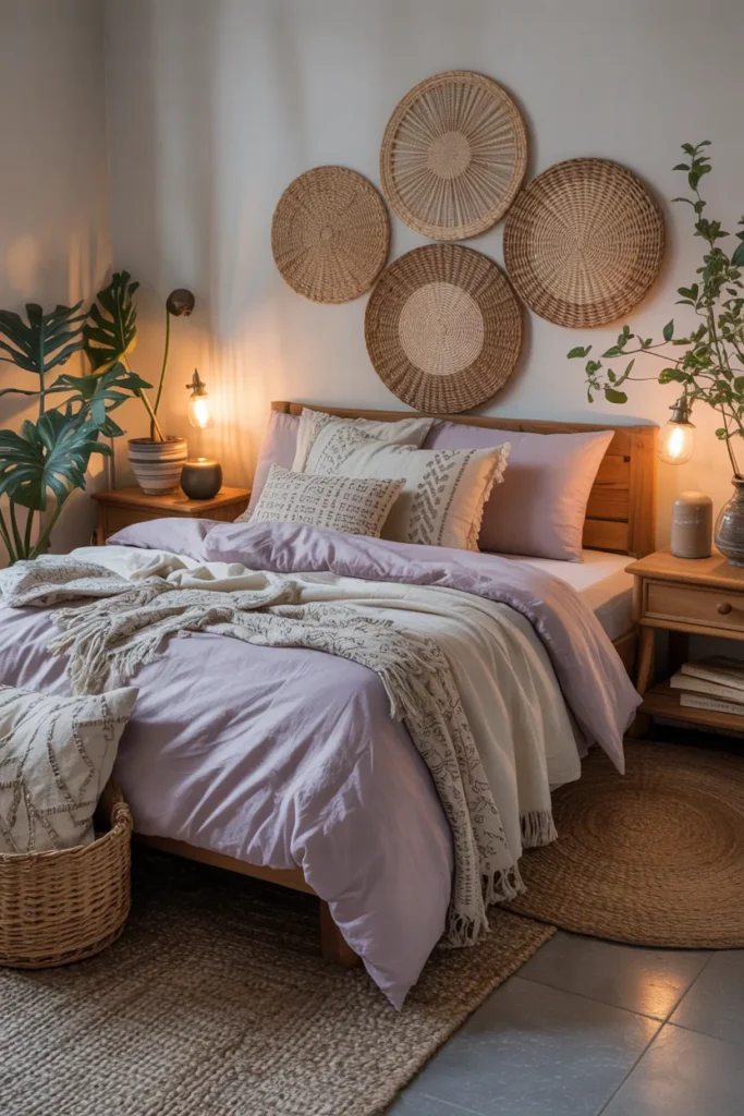 Lavender Boho Bedding with Layered Fabrics