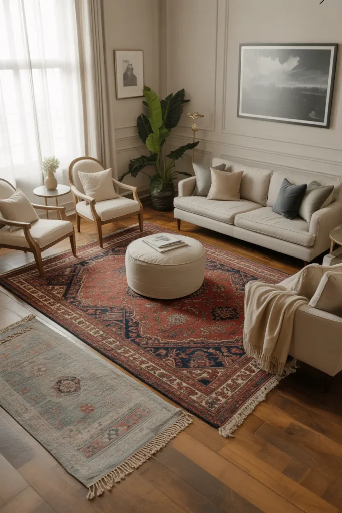 Layered Rugs and Comfortable Seating