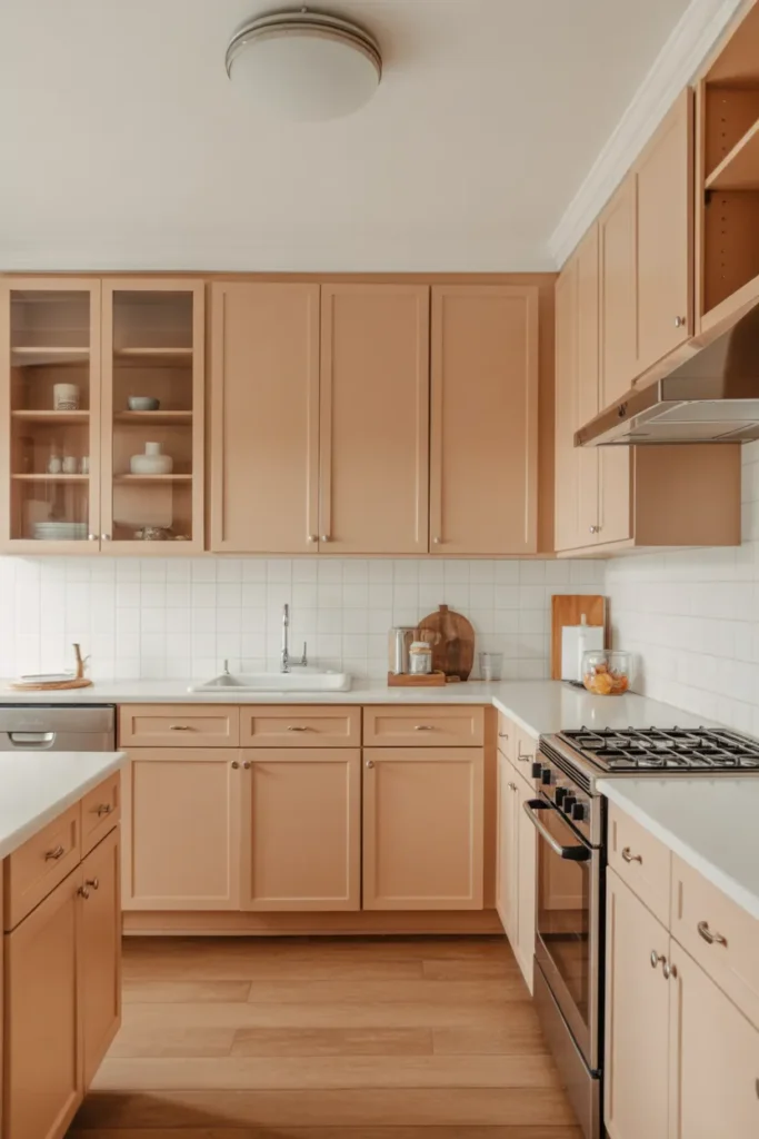 Light Brown Cabinets with White Countertops