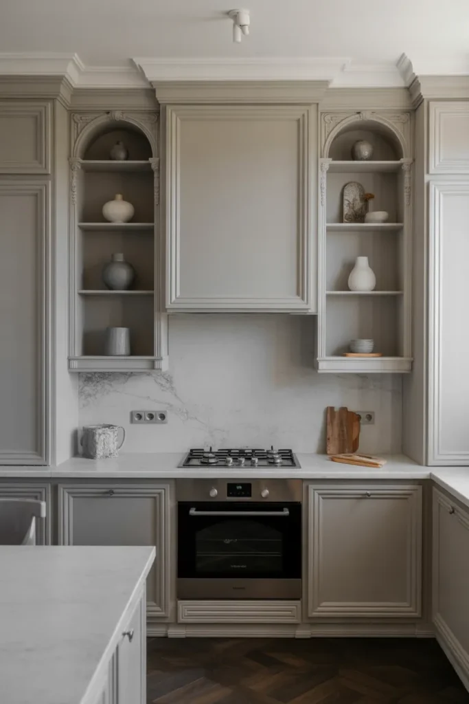 Light Gray Victorian Kitchen with Open Shelving