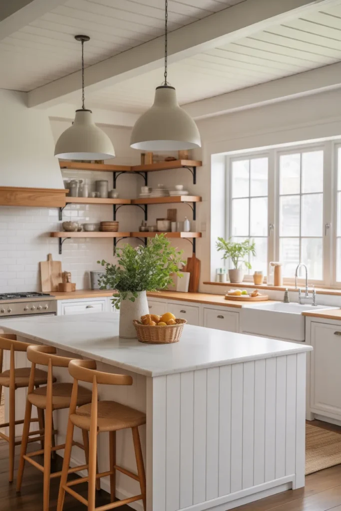 Light and Airy Farmhouse Kitchen with Floating Shelves