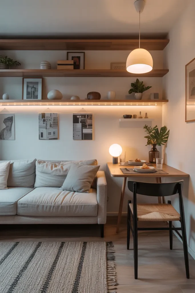 Living Room Dining Layout with Floating Shelves