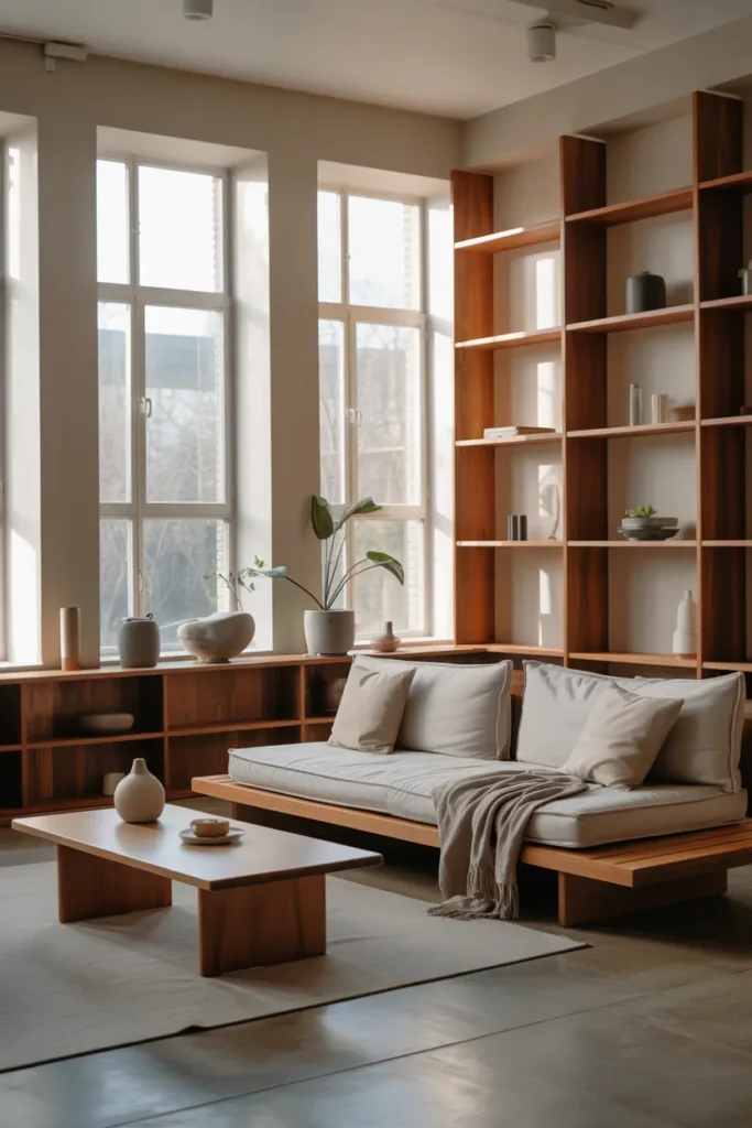 Low Wooden Sofa with Cozy Throws