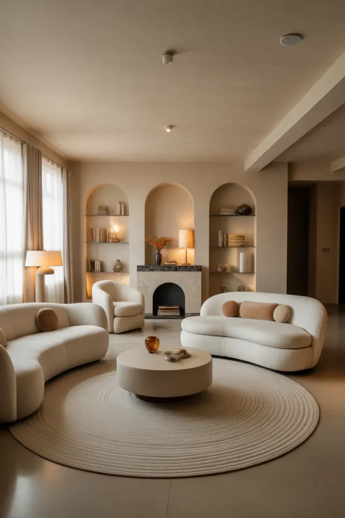 Luxe Living Room with Curved Sofas and Rounded Accents