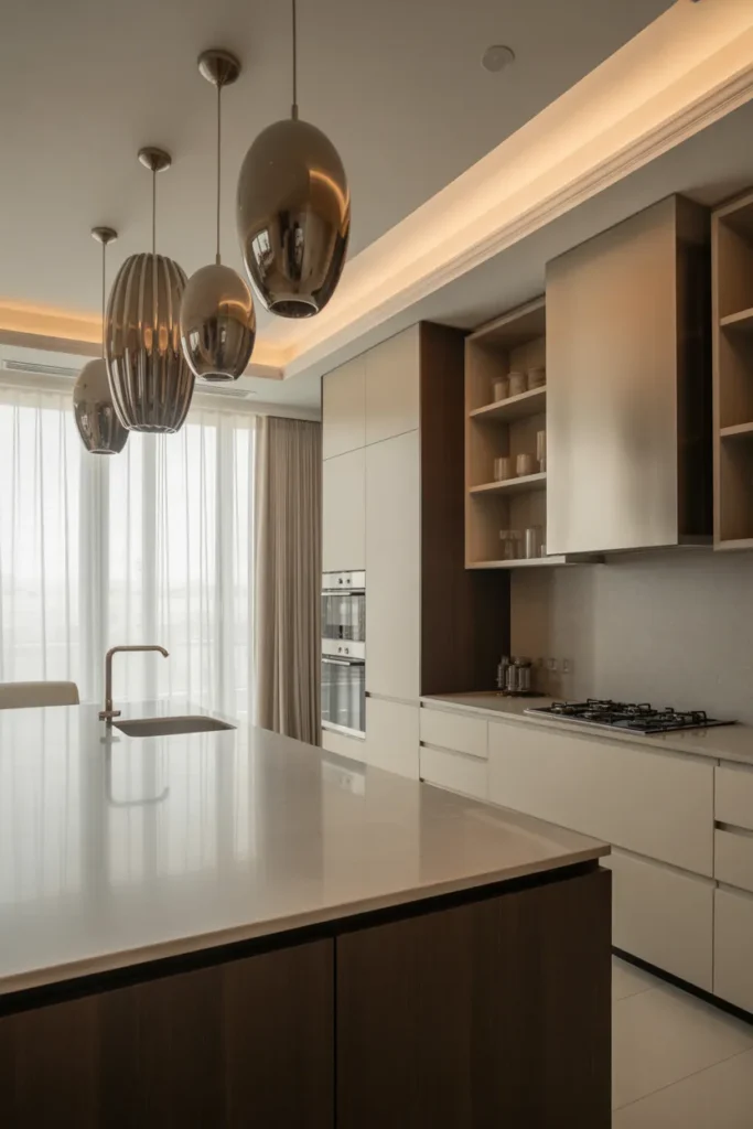 Luxury Kitchen with Sculptural Pendant Lighting