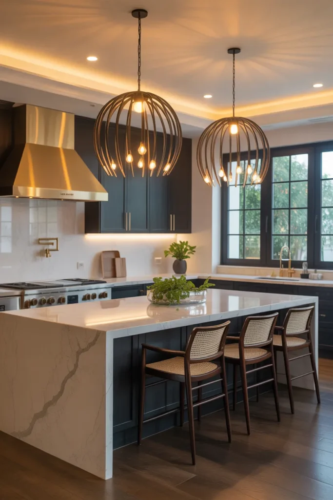 Luxury Kitchen with Statement Lighting Fixtures