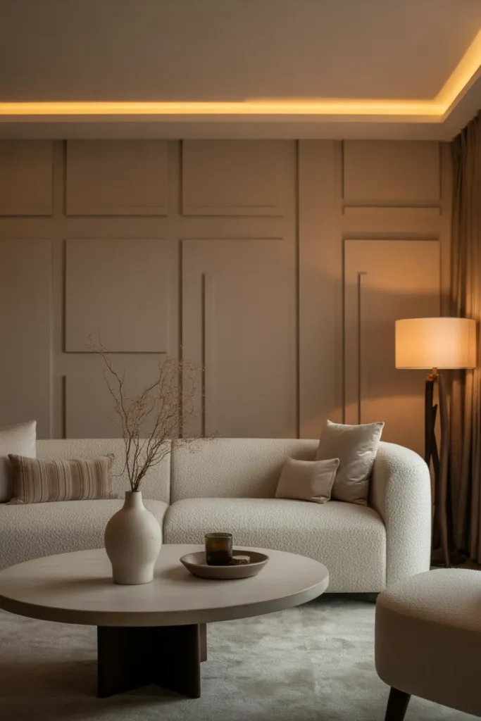 Luxury Living Room with Textured Walls and Soft Lighting