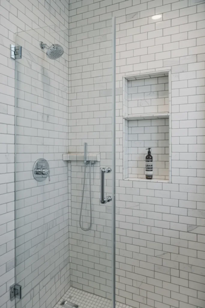 Marble Subway Tiles in Shower Area