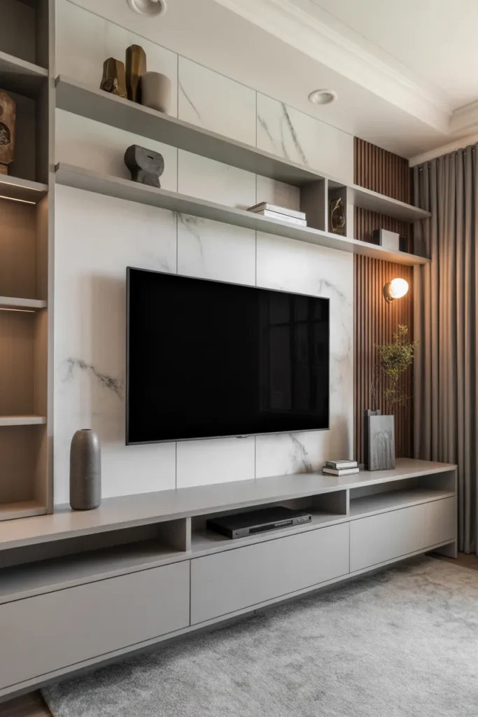 Marble TV Wall with Minimal Shelving