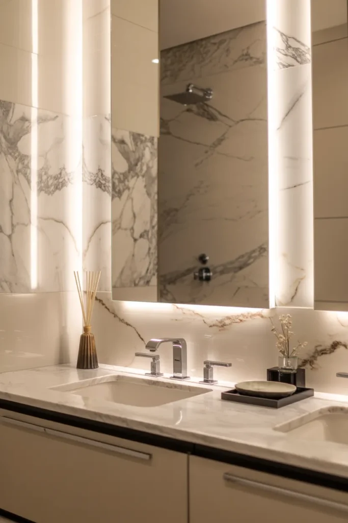 Marble Vanity with Large Backlit Mirror