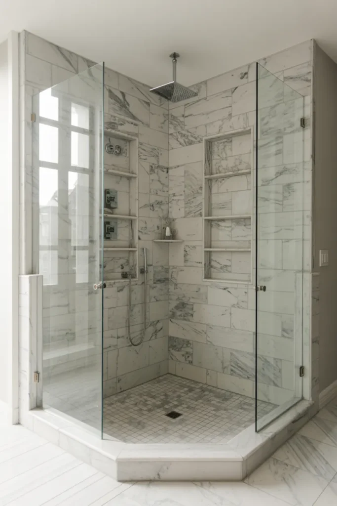Marble Walk-In Shower with Glass Enclosure