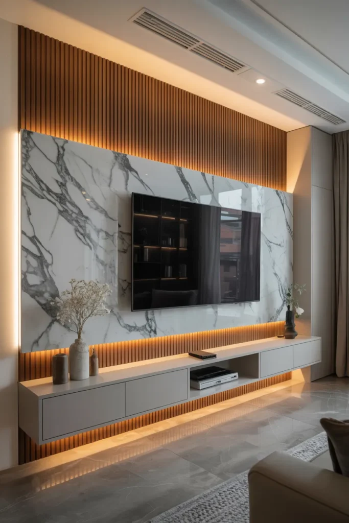 Marble and Wood Combo TV Wall With Ambient Lighting