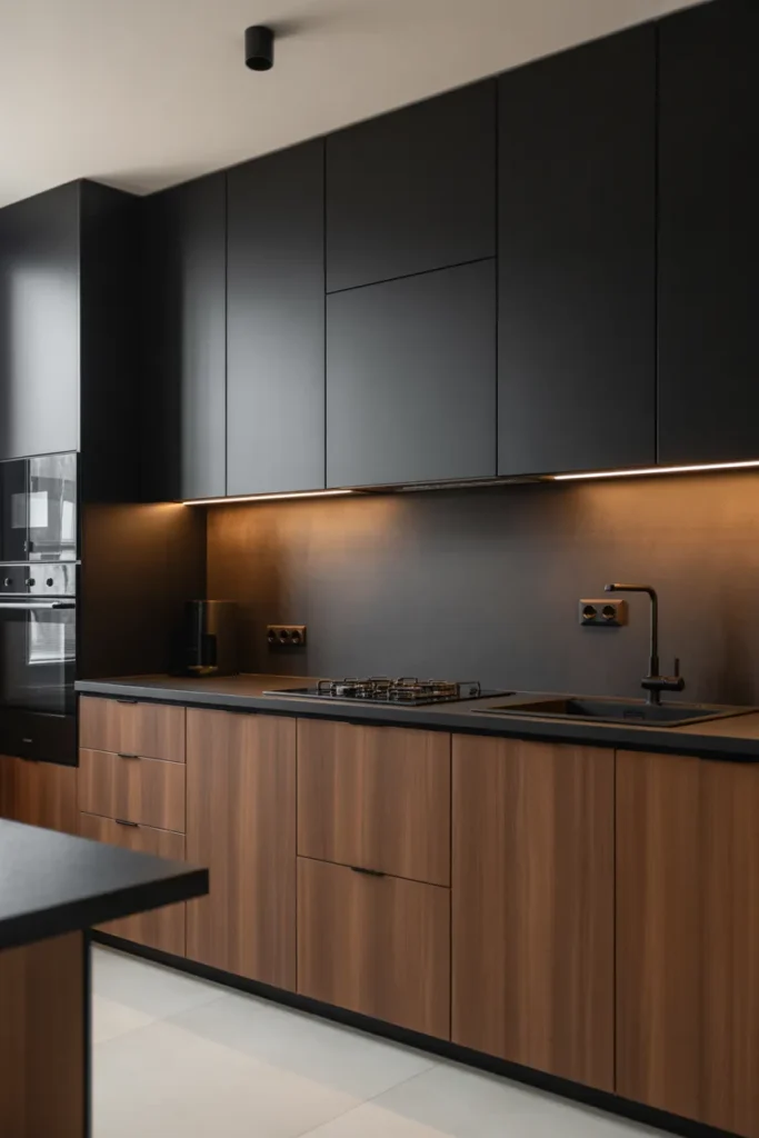 Matte Black and Wood Two Tone Kitchen Cabinets