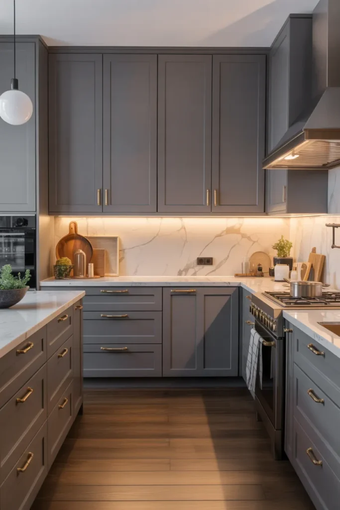 Matte Gray Cabinets with Brass Handles