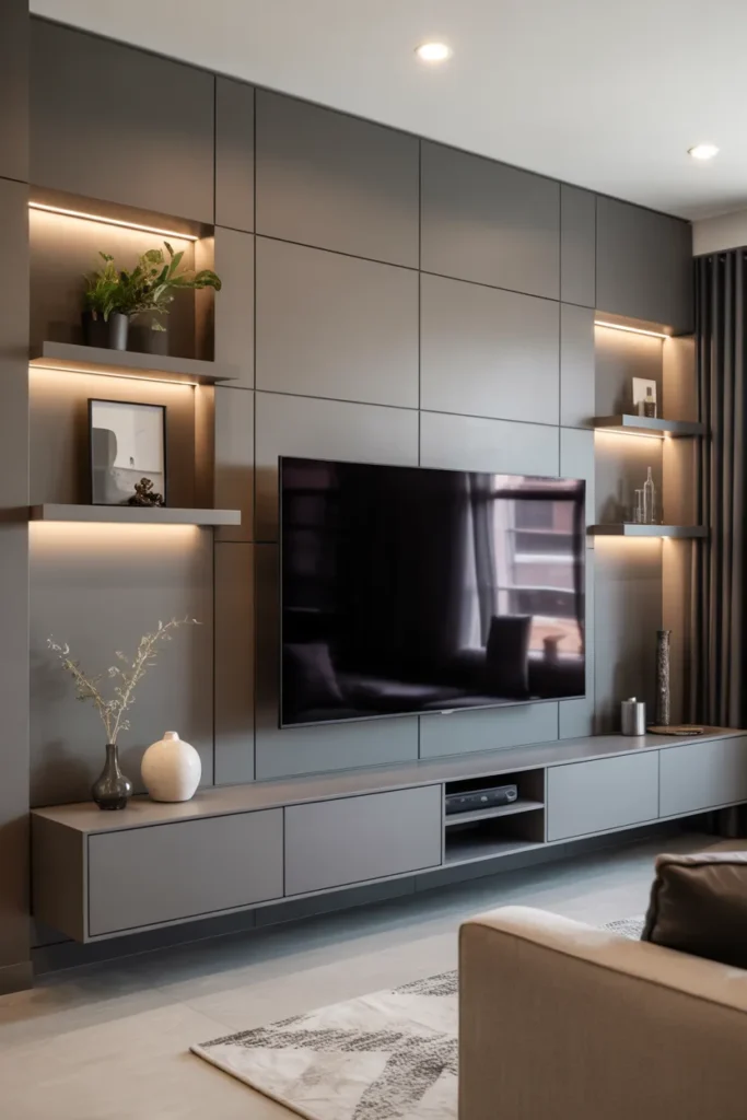 Matte Gray TV Wall With Floating Shelves