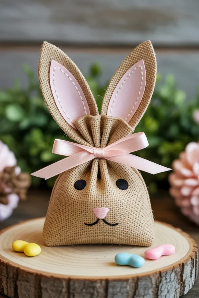 Mini Burlap Bunny Pouch with Ribbon
