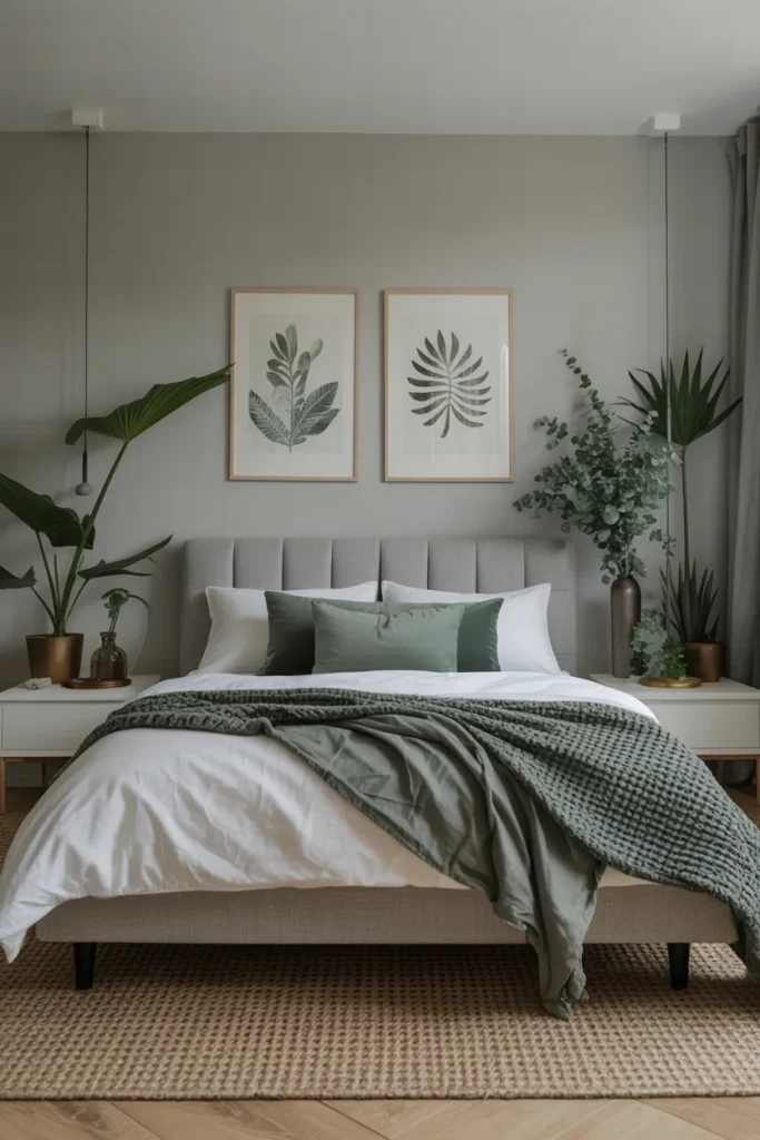 Minimalist Grey Bedroom with Sage Green Accents