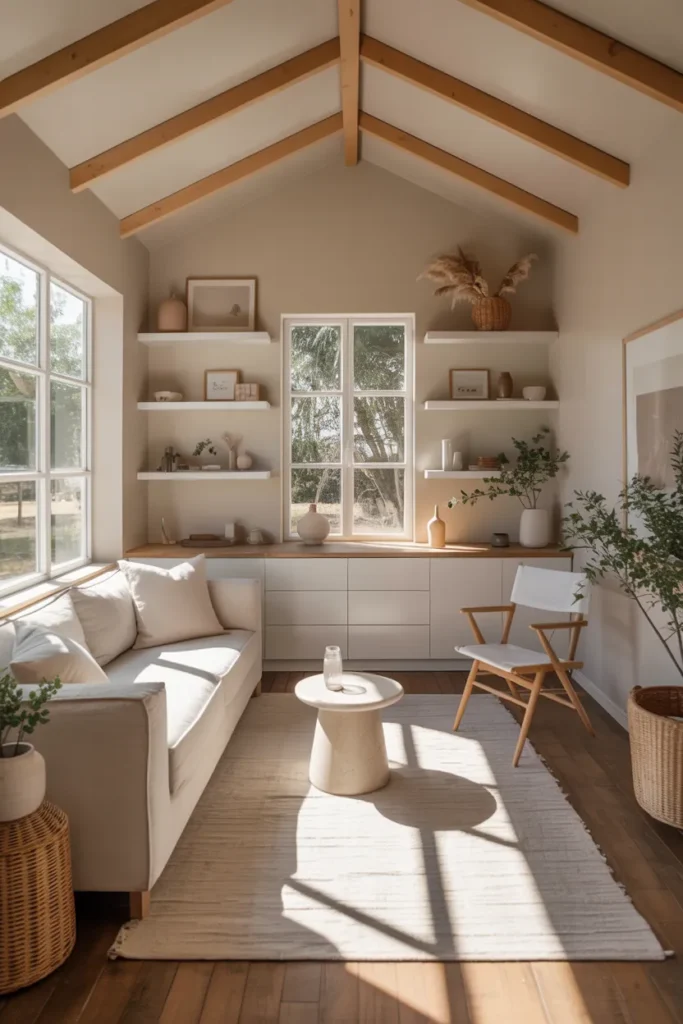 Minimalist She Shed Interior with Soft Neutrals