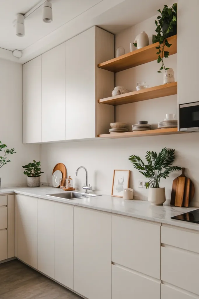 Minimalist White Small Kitchen with Open Shelving