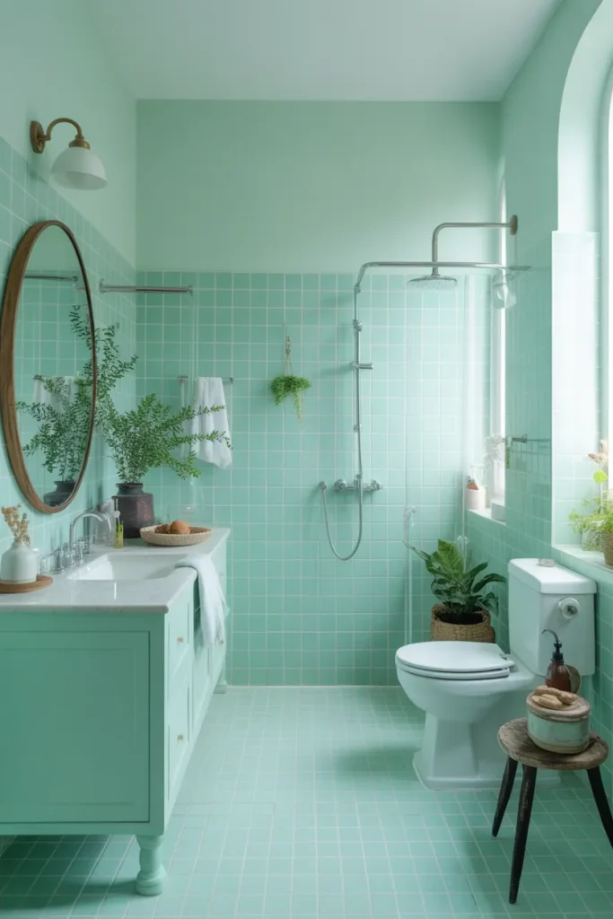 Mint Green Bathroom with White Accents