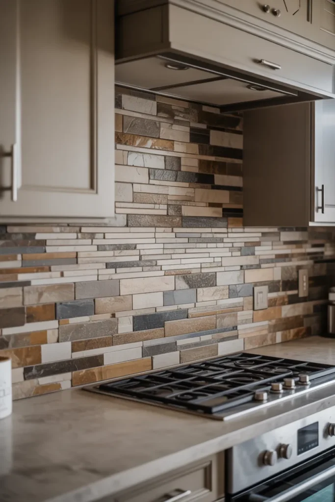 Mixed Stone Backsplash with Earthy Color Variations