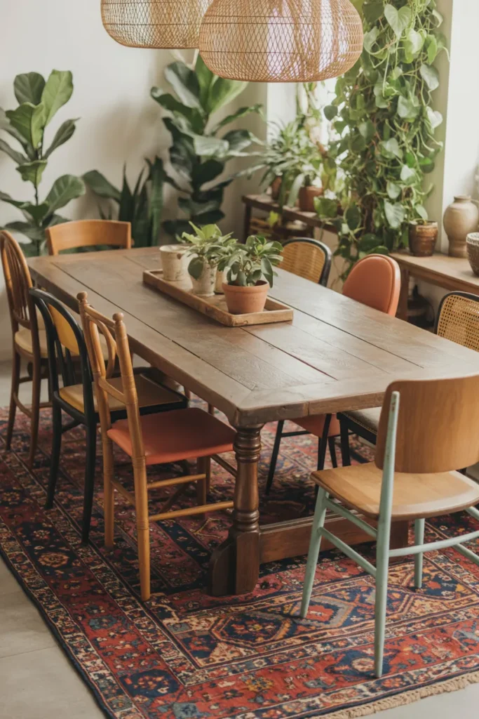 Modern Bohemian Dining Room with Patterned Rug