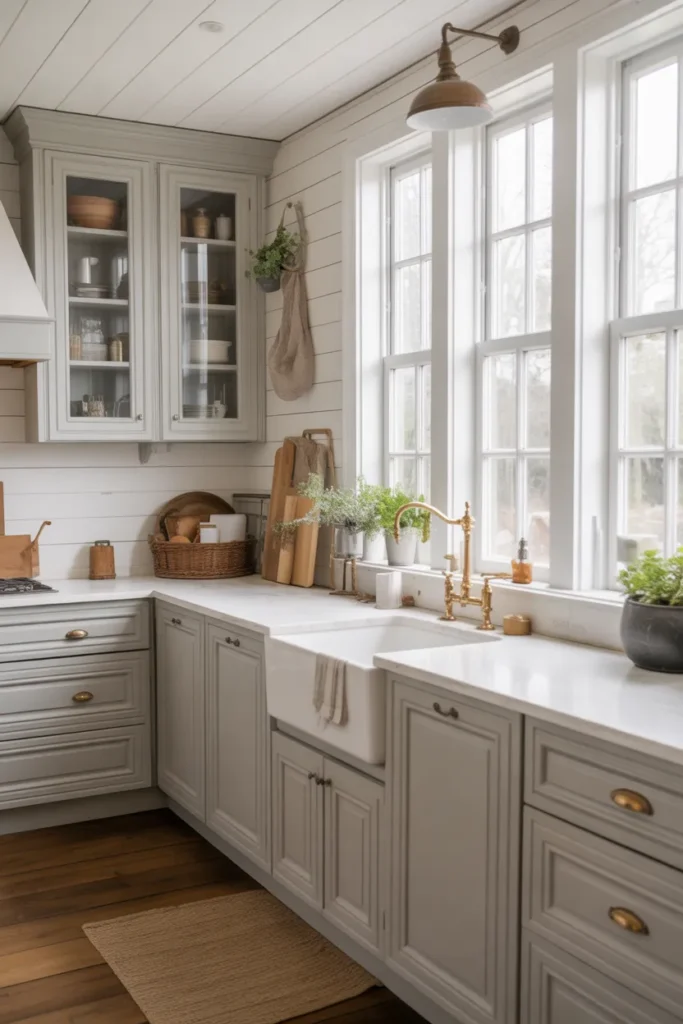 Modern Farmhouse Kitchen with Gray Cabinets and Stone Countertops