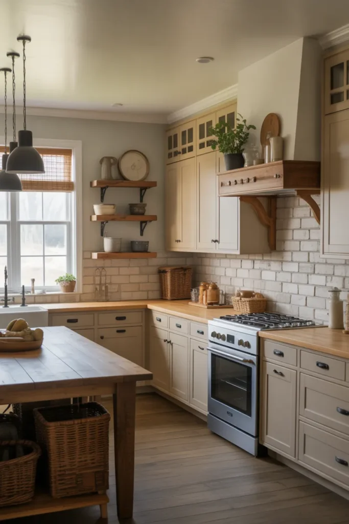 Modern Farmhouse Kitchen with Painted Cabinets and Wood Accents