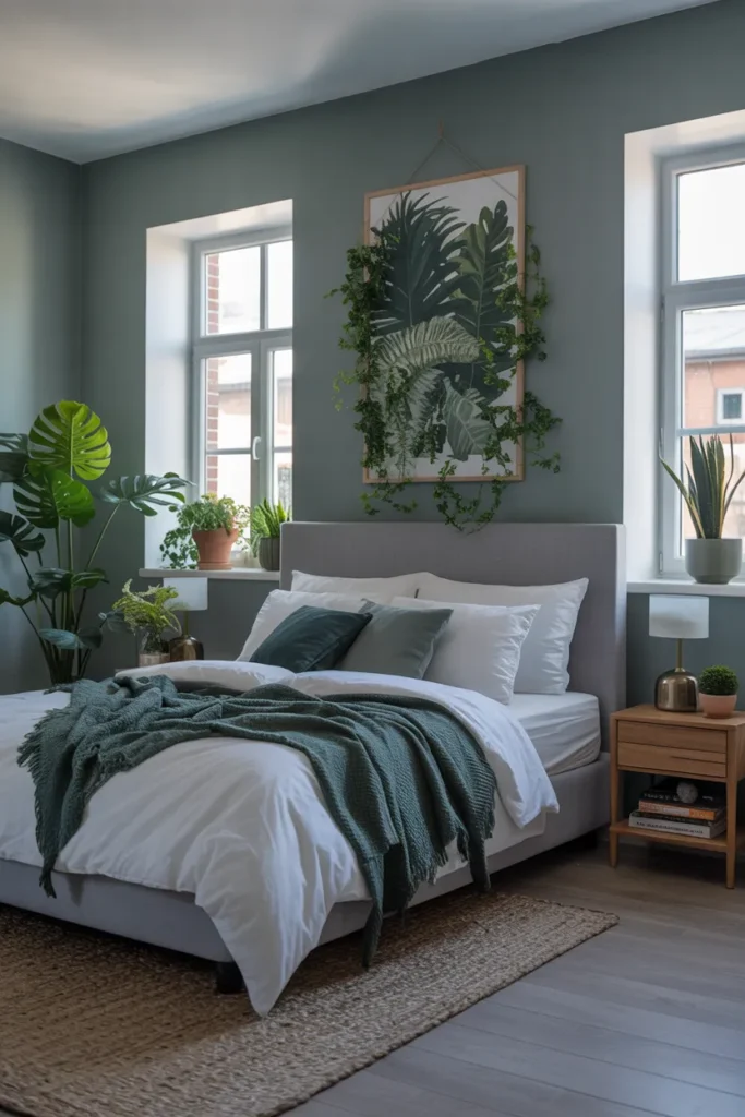 Modern Grey Bedroom with Sage Green Plants