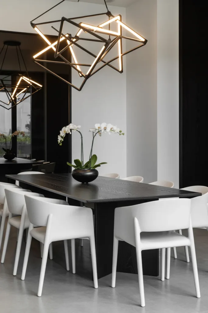 Monochrome Dining Room with Statement Lighting