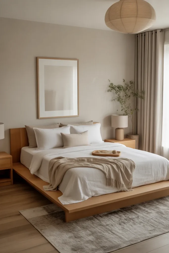 Neutral Japandi Bedroom with Low Platform Bed