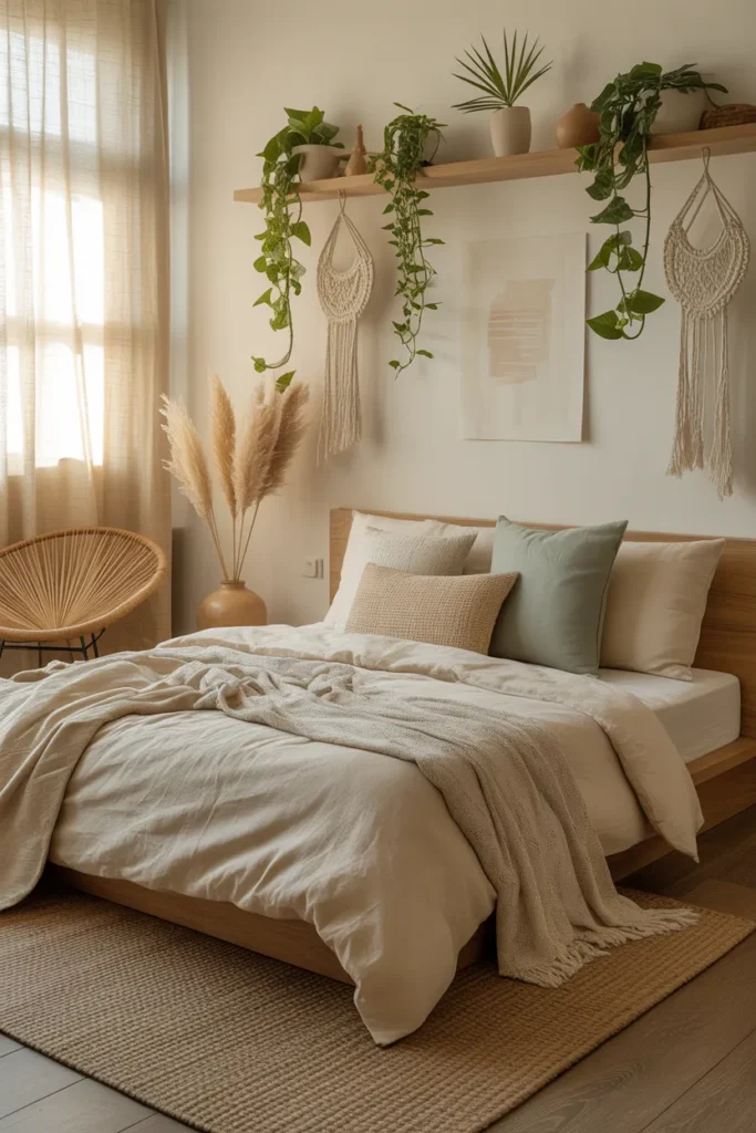 Neutral Jungle Boho Bedroom with Soft Textures