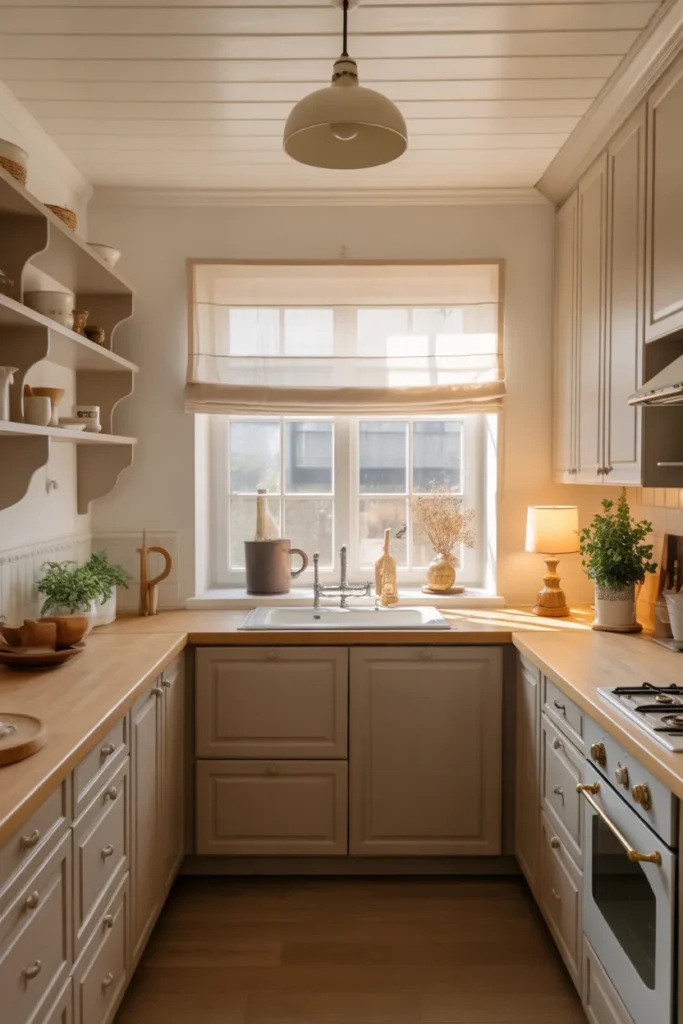 Neutral-Toned Farmhouse Kitchen with Cozy Seating Nook