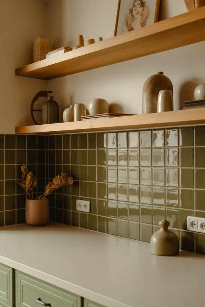 Olive Green Ceramic Tiles with Open Shelving