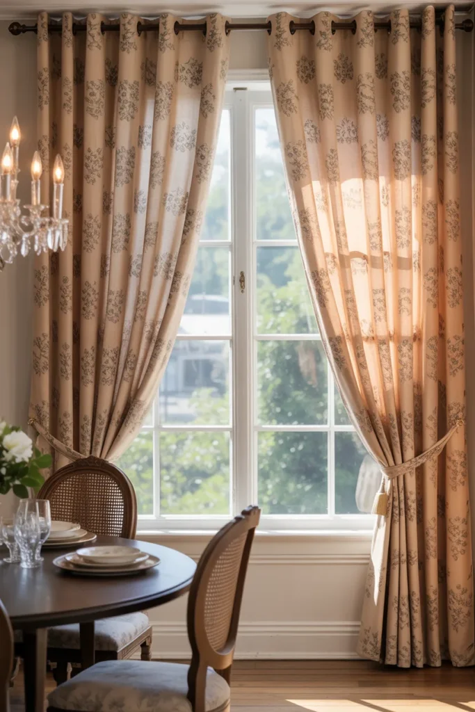 Patterned Curtains Framing the Dining Space