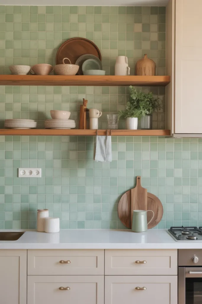 Pistachio Green Tiles with Open Shelving