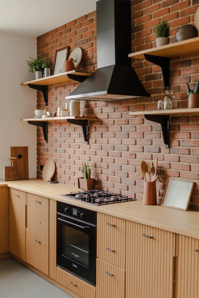Red Brick with Open Wood Shelving