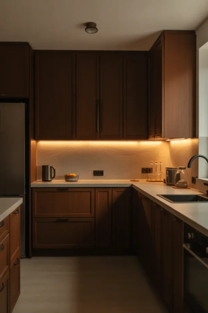 Rich Espresso Brown Cabinets with Warm Lighting