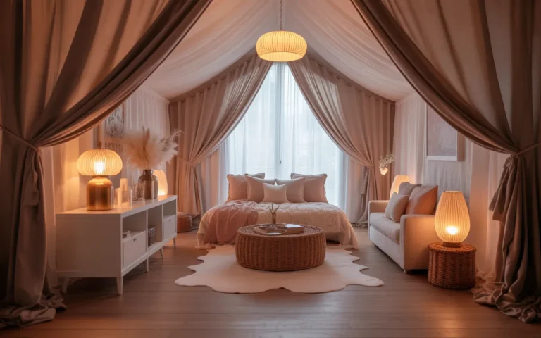 Romantic She Shed Interior with Soft Glow,