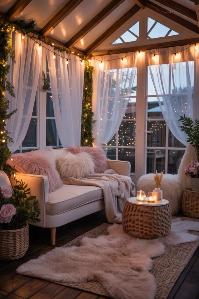 Romantic She Shed Interior with Soft Lighting