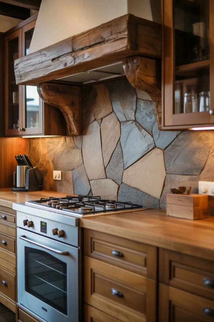 Rough Cut Stone Backsplash with Wooden Cabinets