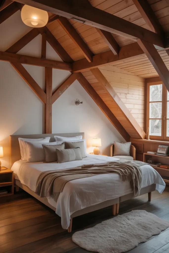 Rustic Loft-Style Bedroom with Wooden Beams