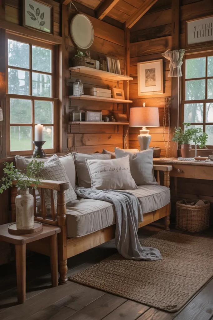 Rustic She Shed Interior with Natural Wood