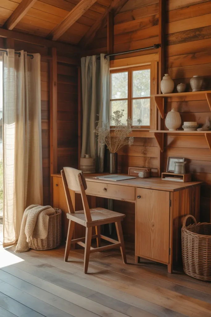 Rustic She Shed Interior with Natural Wood Accents