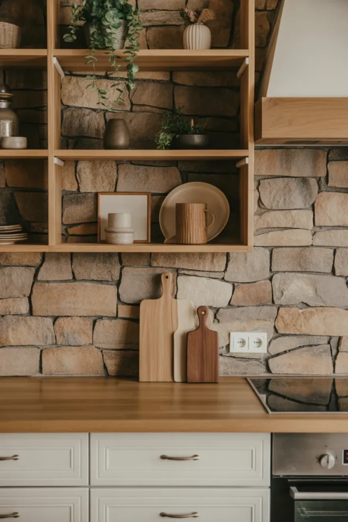 Rustic Stone Backsplash Paired with Open Shelving