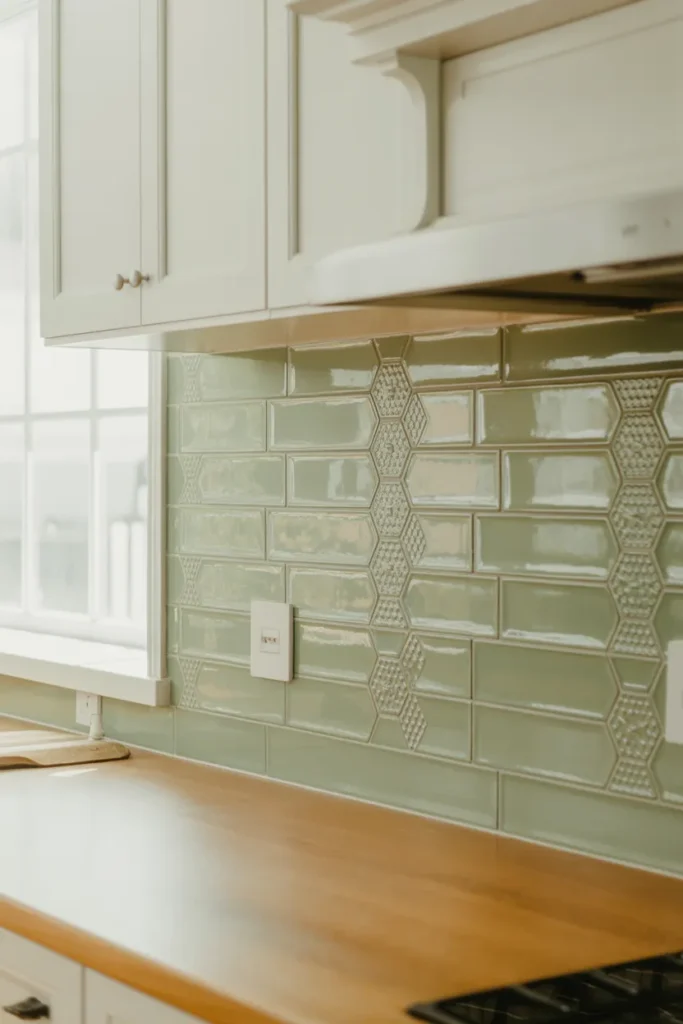 Sage Green Backsplash with Patterned Tiles